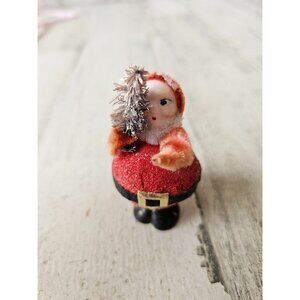 Antique glitter german Santa tree flocked tinsel mini Xmas decor as is